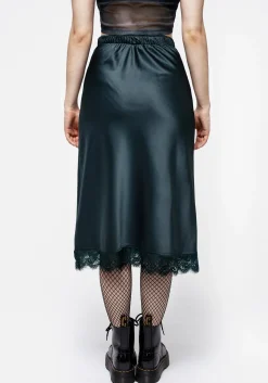 Medeina Lace Trim Satin Midi Skirt - Green