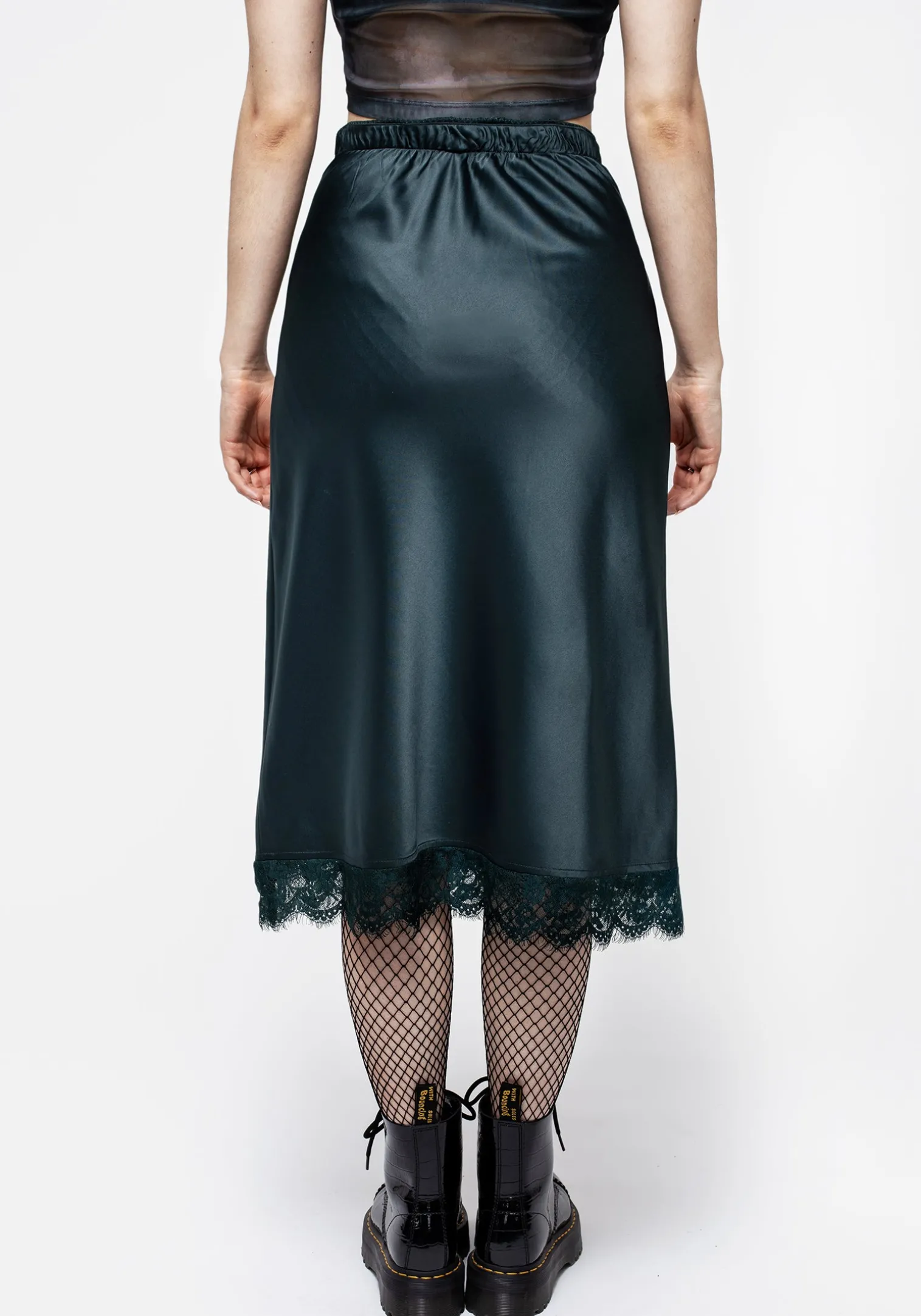 Medeina Lace Trim Satin Midi Skirt - Green