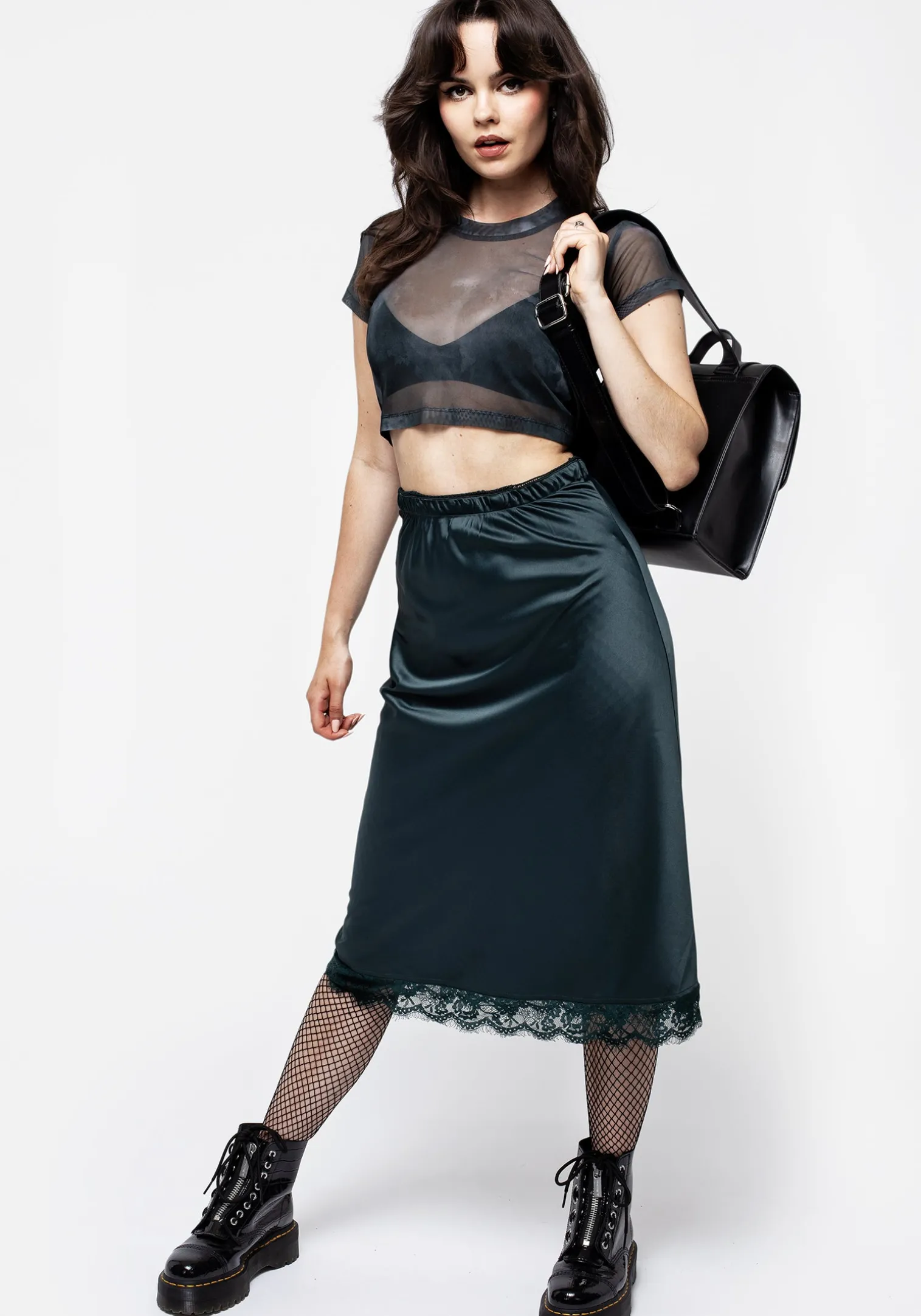Medeina Lace Trim Satin Midi Skirt - Green