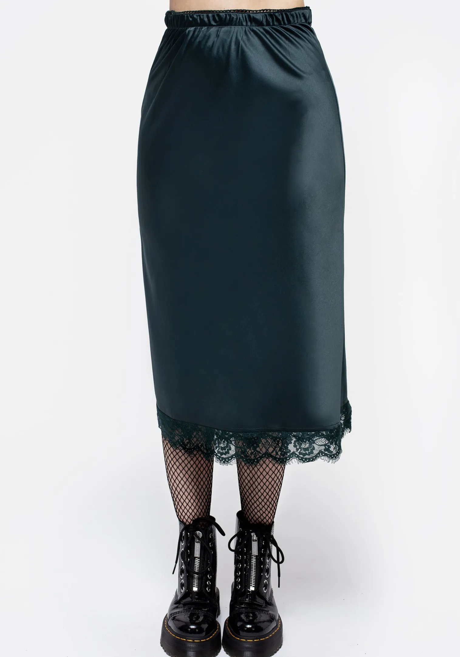 Medeina Lace Trim Satin Midi Skirt - Green