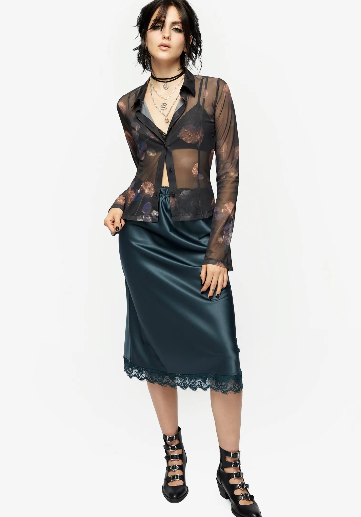 Medeina Lace Trim Satin Midi Skirt - Green
