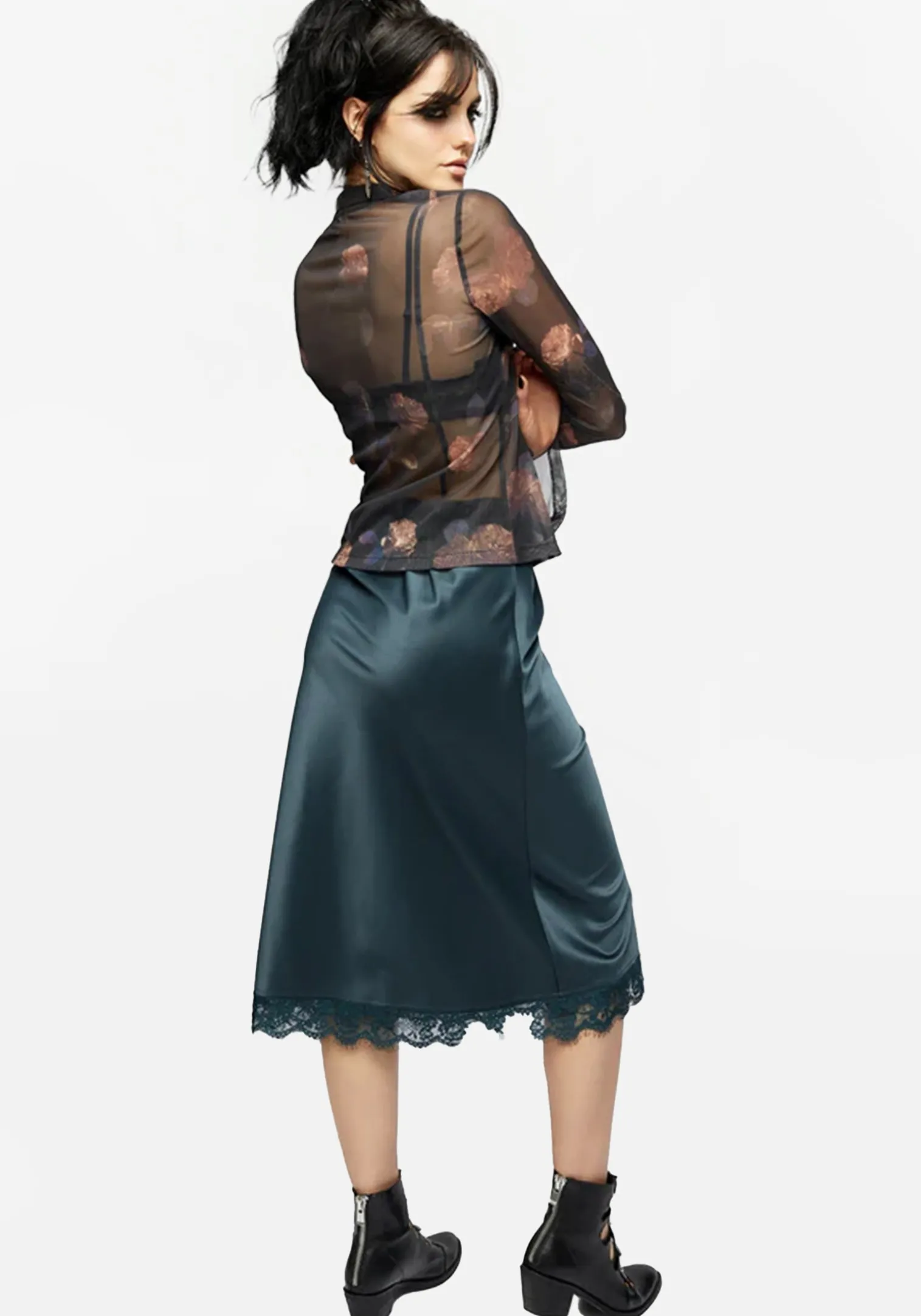 Medeina Lace Trim Satin Midi Skirt - Green