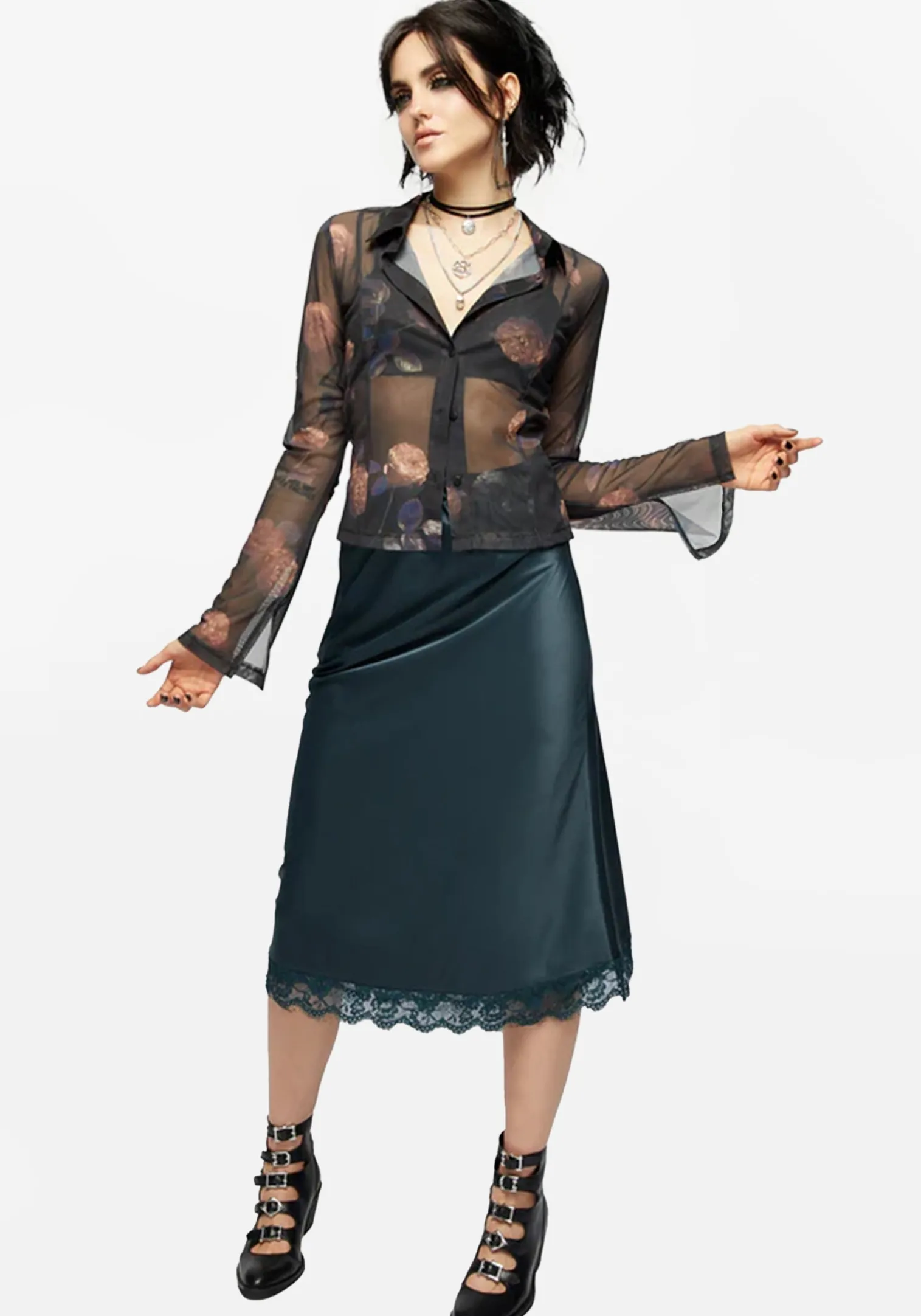 Medeina Lace Trim Satin Midi Skirt - Green