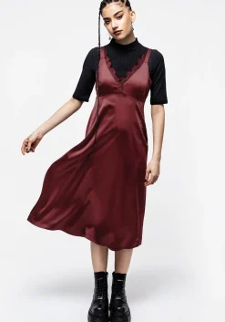 Medeina Lace Trim Satin Midi Slip Dress - Red