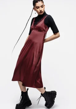 Medeina Lace Trim Satin Midi Slip Dress - Red