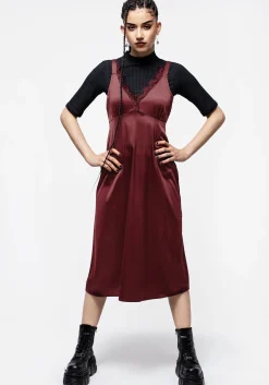Medeina Lace Trim Satin Midi Slip Dress - Red