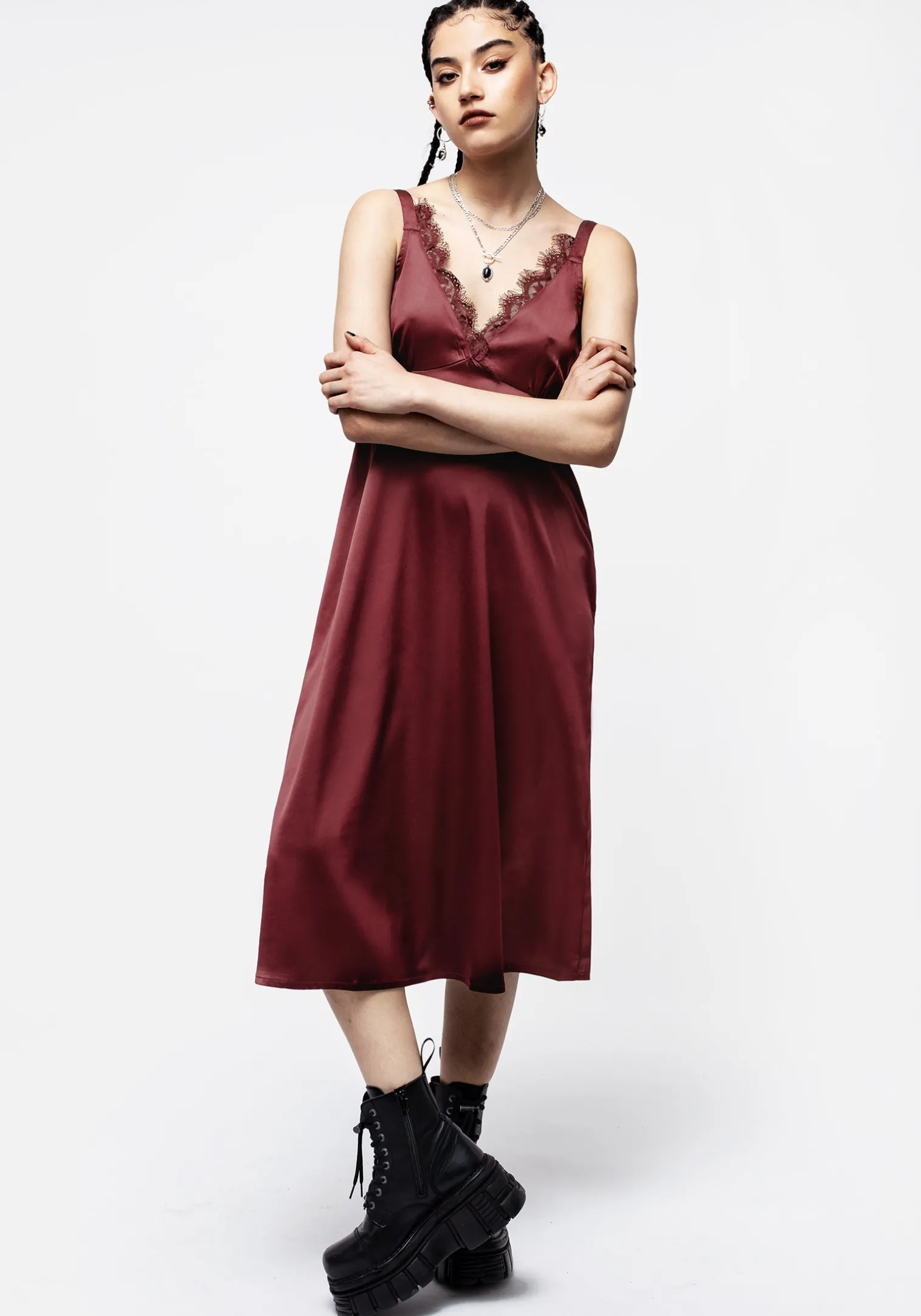 Medeina Lace Trim Satin Midi Slip Dress - Red