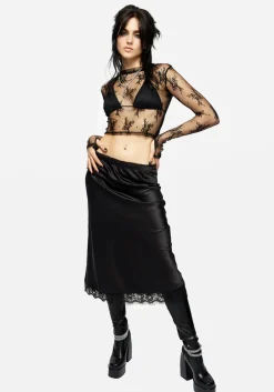 Medeina Lace Trim Satin Midi Skirt - Midnight Black