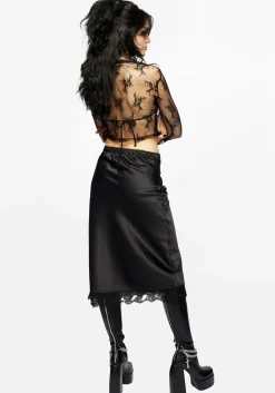 Medeina Lace Trim Satin Midi Skirt - Midnight Black