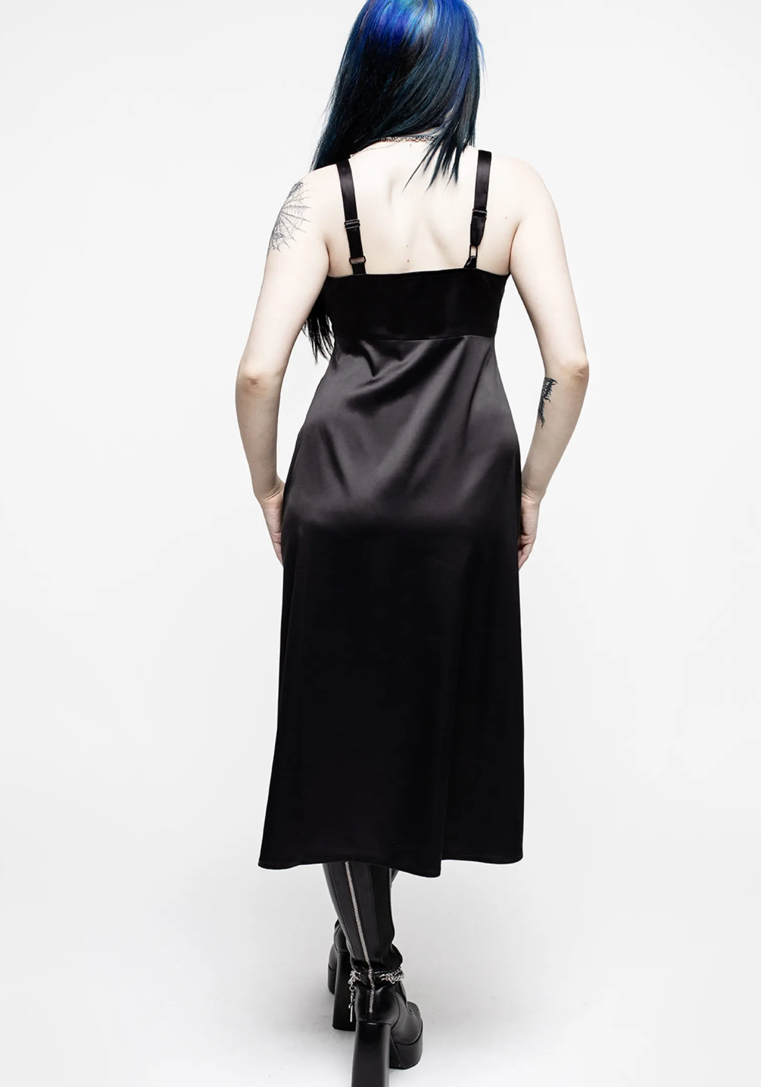 Medeina Lace Trim Satin Midi Slip Dress - Midnight Black