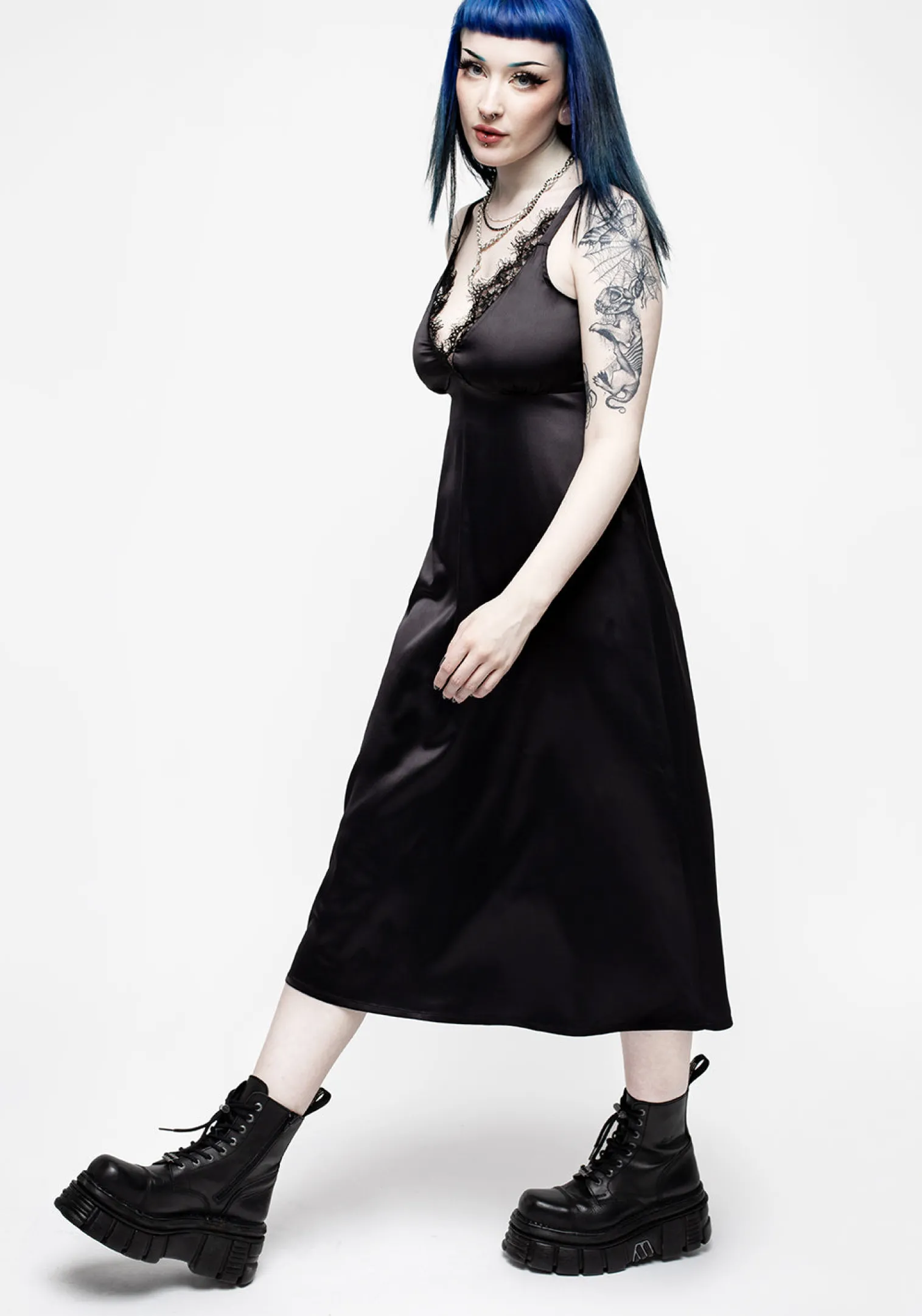 Medeina Lace Trim Satin Midi Slip Dress - Midnight Black