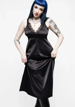 Medeina Lace Trim Satin Midi Slip Dress - Midnight Black