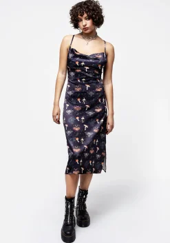 Medeina Print Cowl Neck Satin Midi Slip Dress