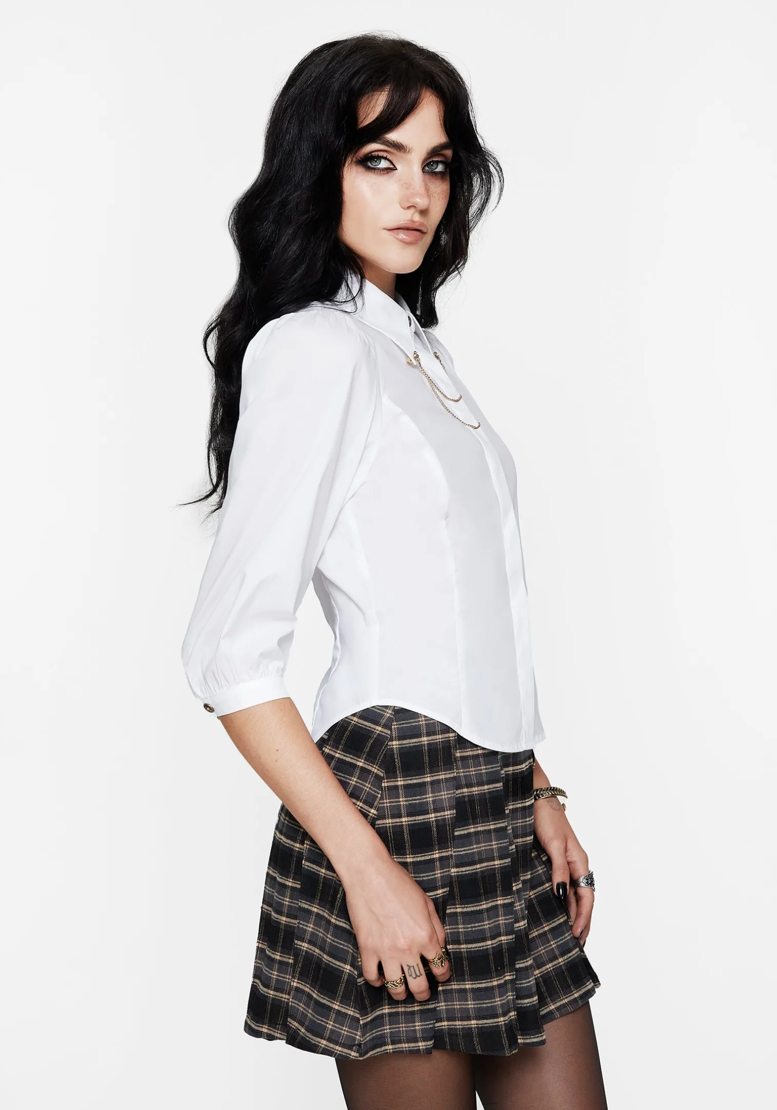 Mire Button Up Puff Sleeve Chain Collared Shirt