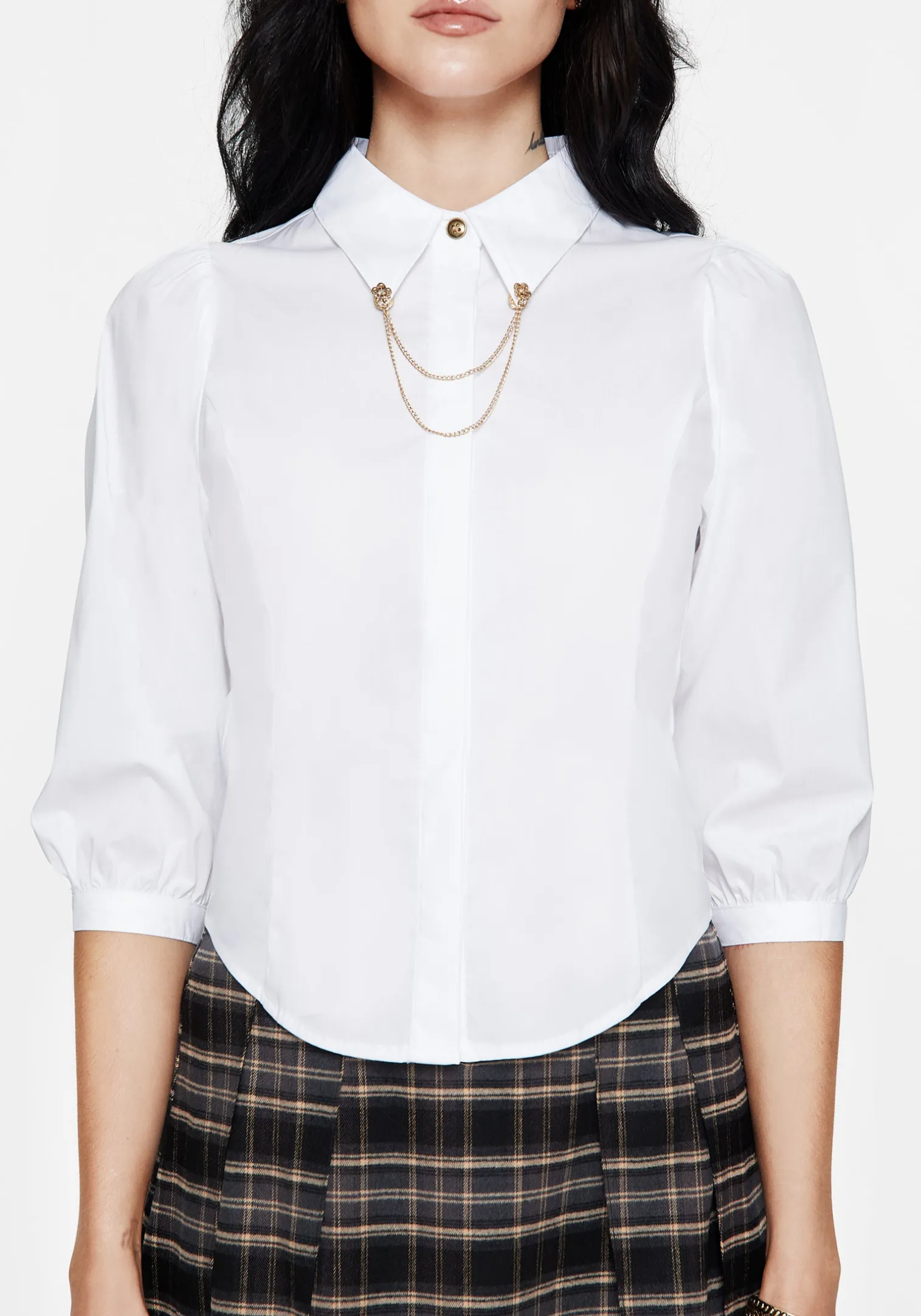 Mire Button Up Puff Sleeve Chain Collared Shirt