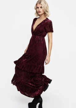 Monotropa Floral Flocked Velour Frill Midaxi Dress