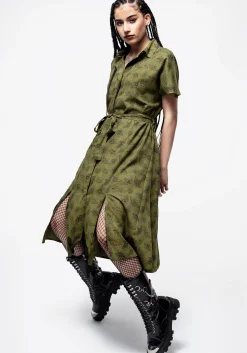 Mortmoth Print Midi Shirt Dress - Green