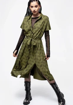 Mortmoth Print Midi Shirt Dress - Green
