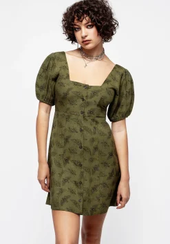 Mortmoth Print Puff Sleeve Mini Dress - Green