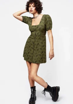 Mortmoth Print Puff Sleeve Mini Dress - Green