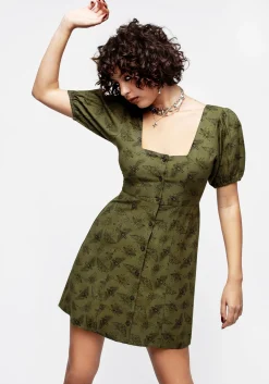 Mortmoth Print Puff Sleeve Mini Dress - Green