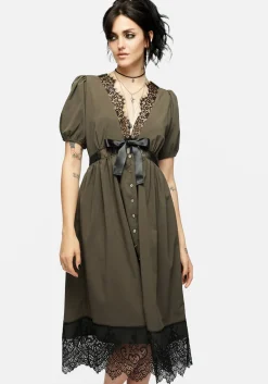 Mortuary Lace Button Up Midi Dress in Tea Leaf