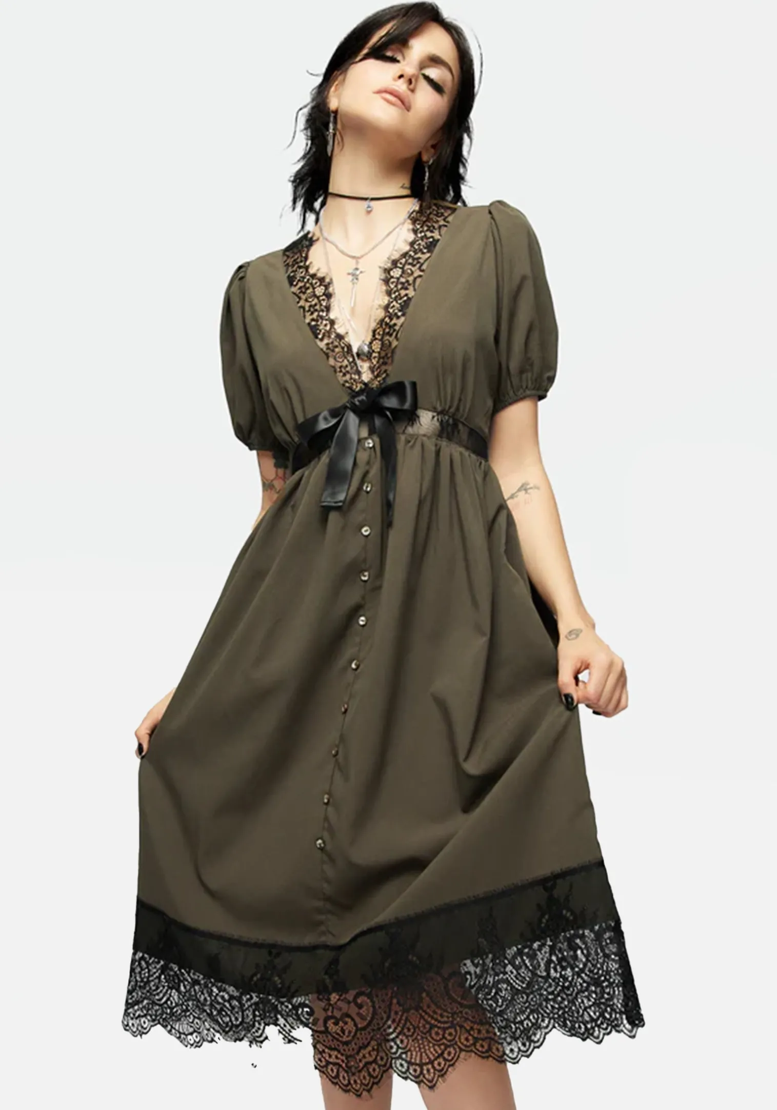 Mortuary Lace Button Up Midi Dress in Tea Leaf