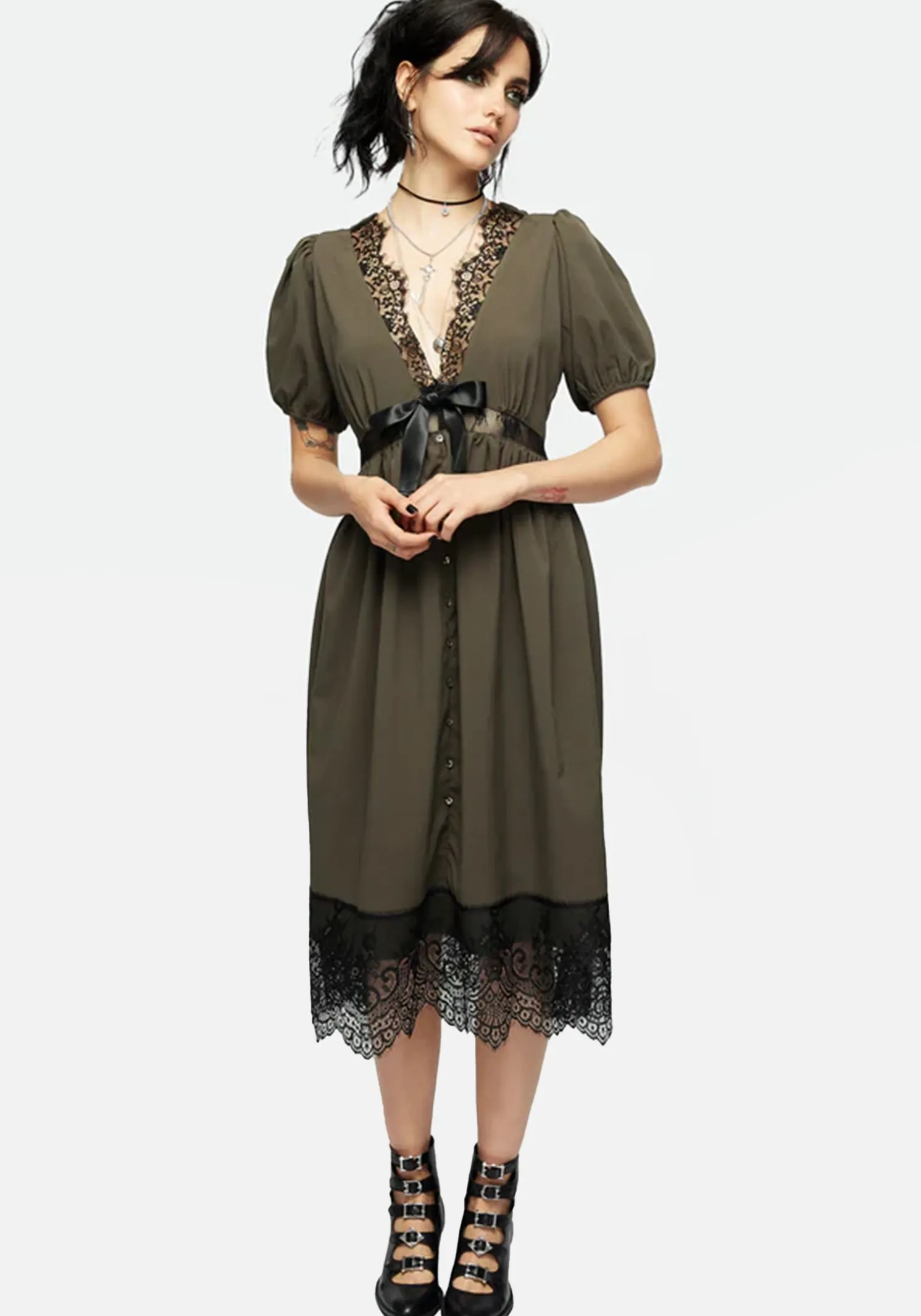 Mortuary Lace Button Up Midi Dress in Tea Leaf