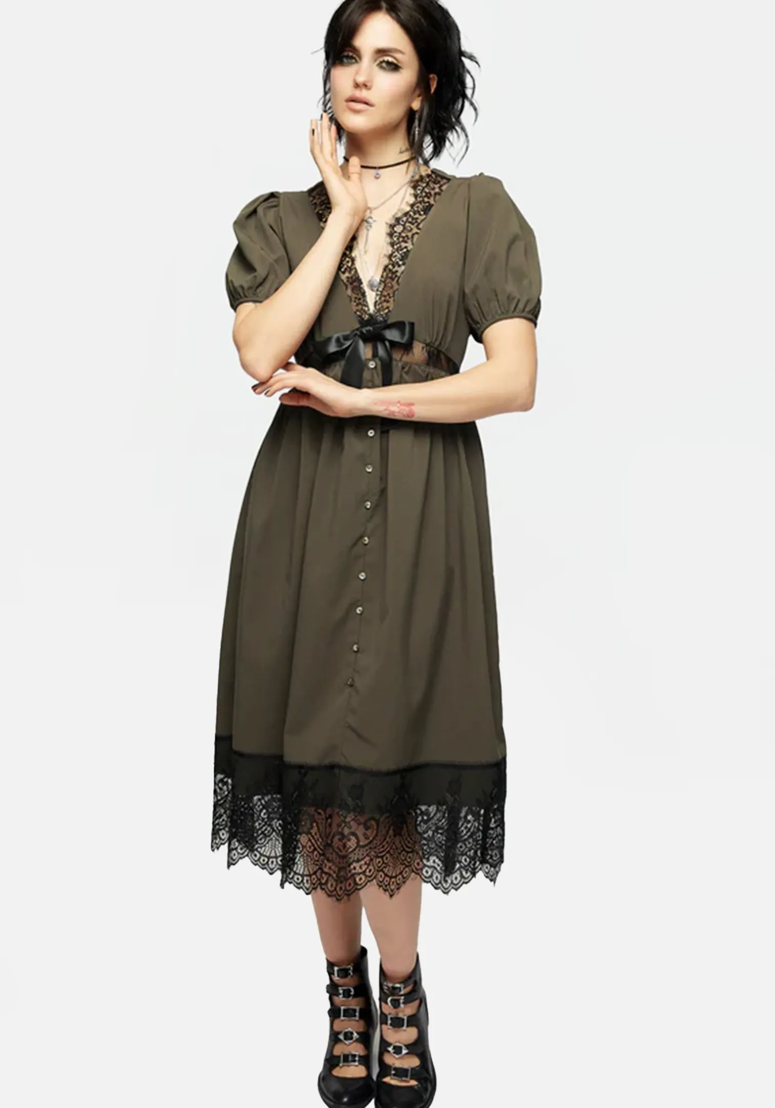 Mortuary Lace Button Up Midi Dress in Tea Leaf