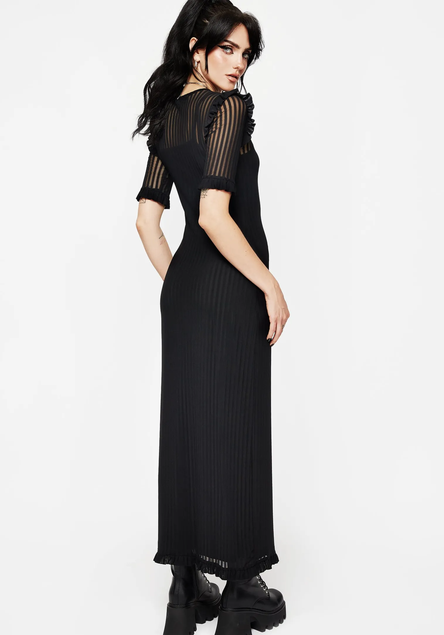 Mourning Ruffle Detail Mesh Short Sleeve Maxi Dress