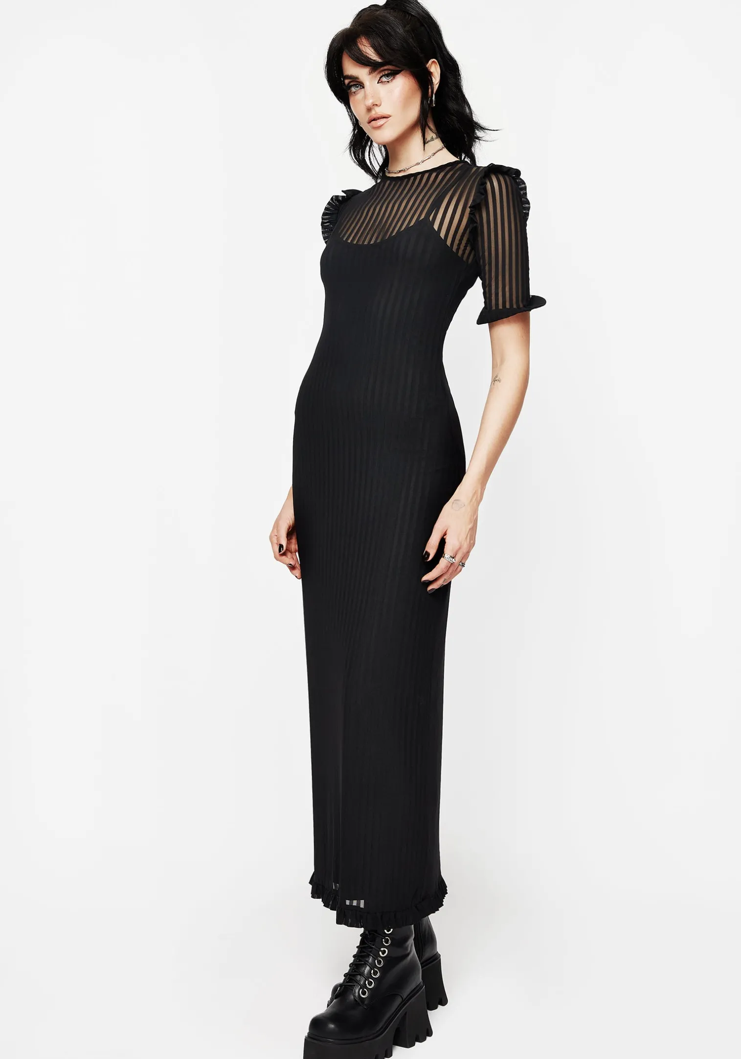 Mourning Ruffle Detail Mesh Short Sleeve Maxi Dress
