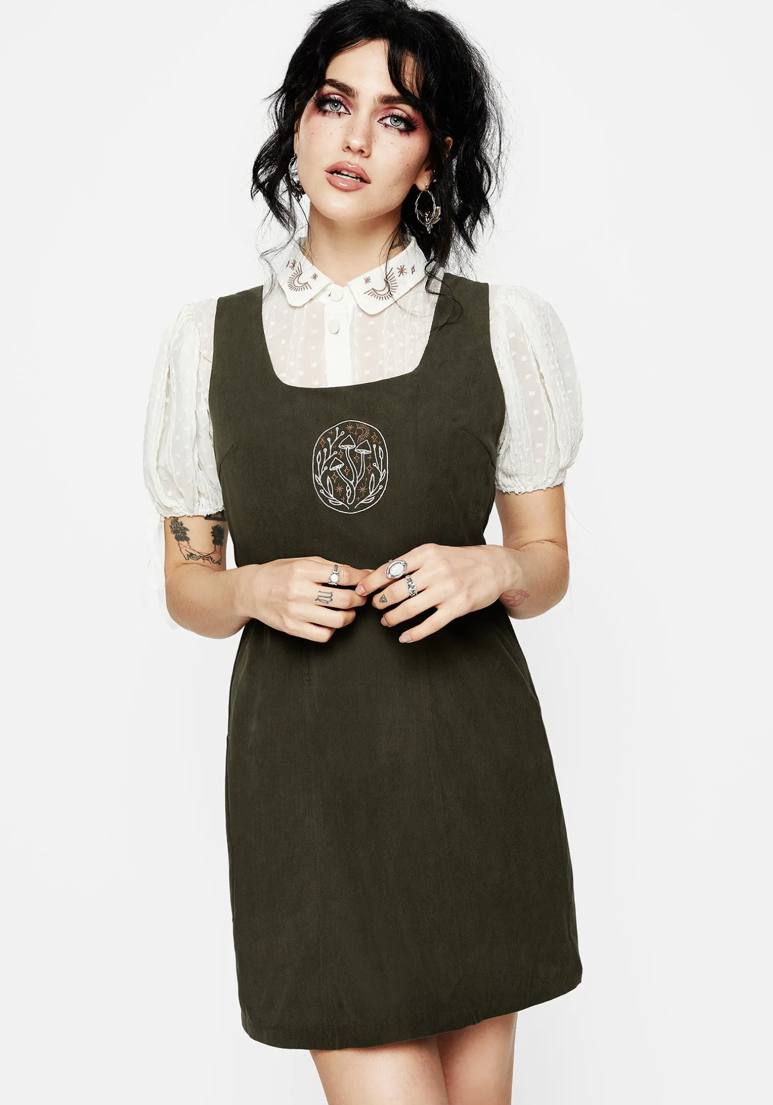Mycelium Embroidered Mini Pinafore Dress