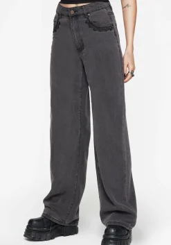 Nara Wide Leg Distressed Gothic Embroidery Jeans