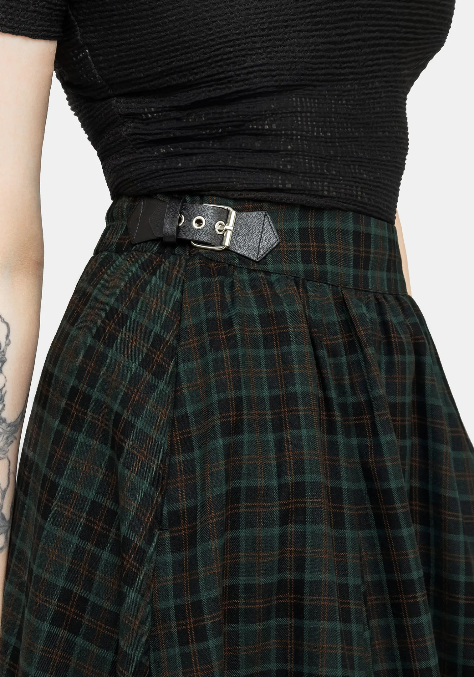 Nightingale Buckled Check Midi Skirt