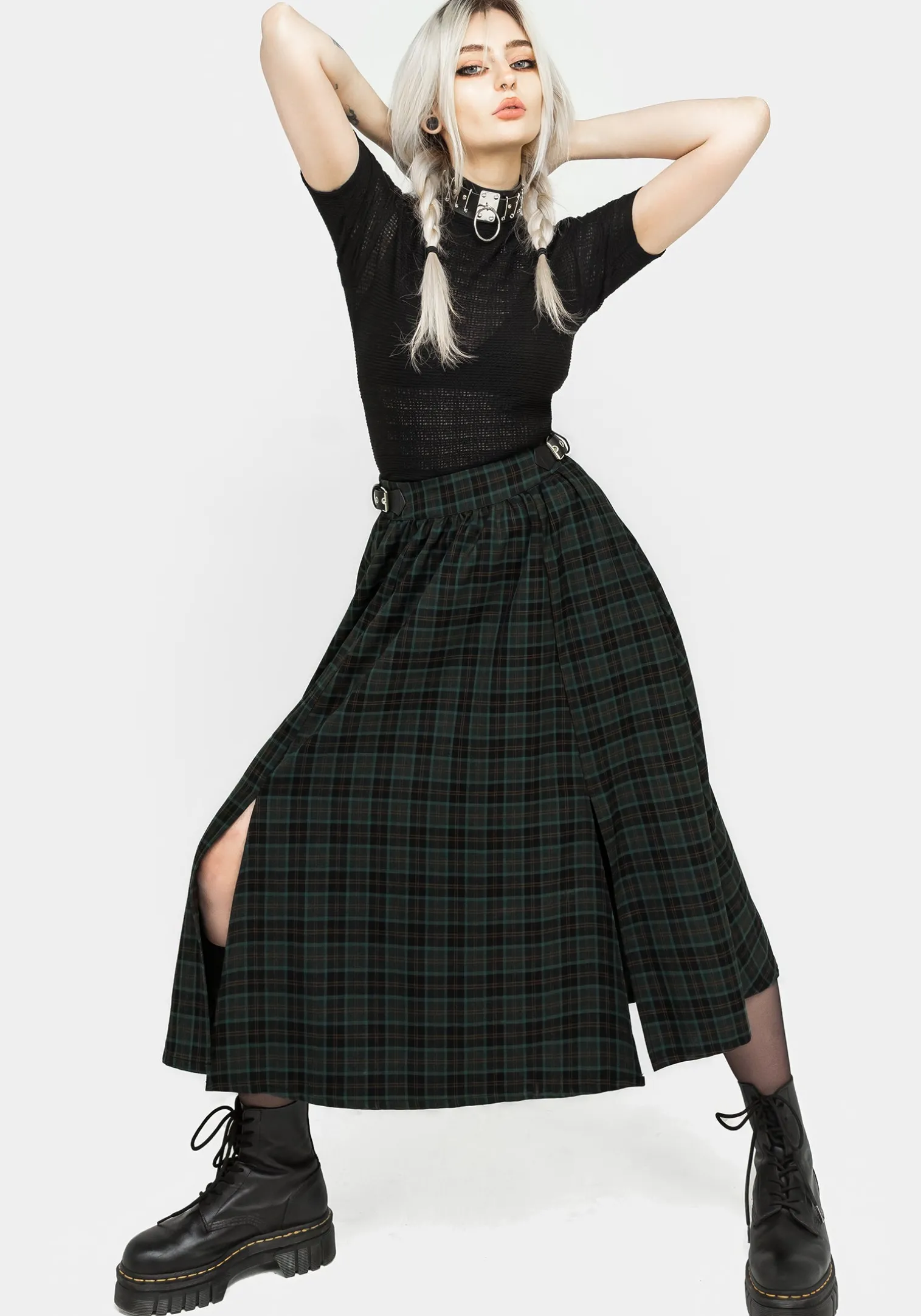 Nightingale Buckled Check Midi Skirt