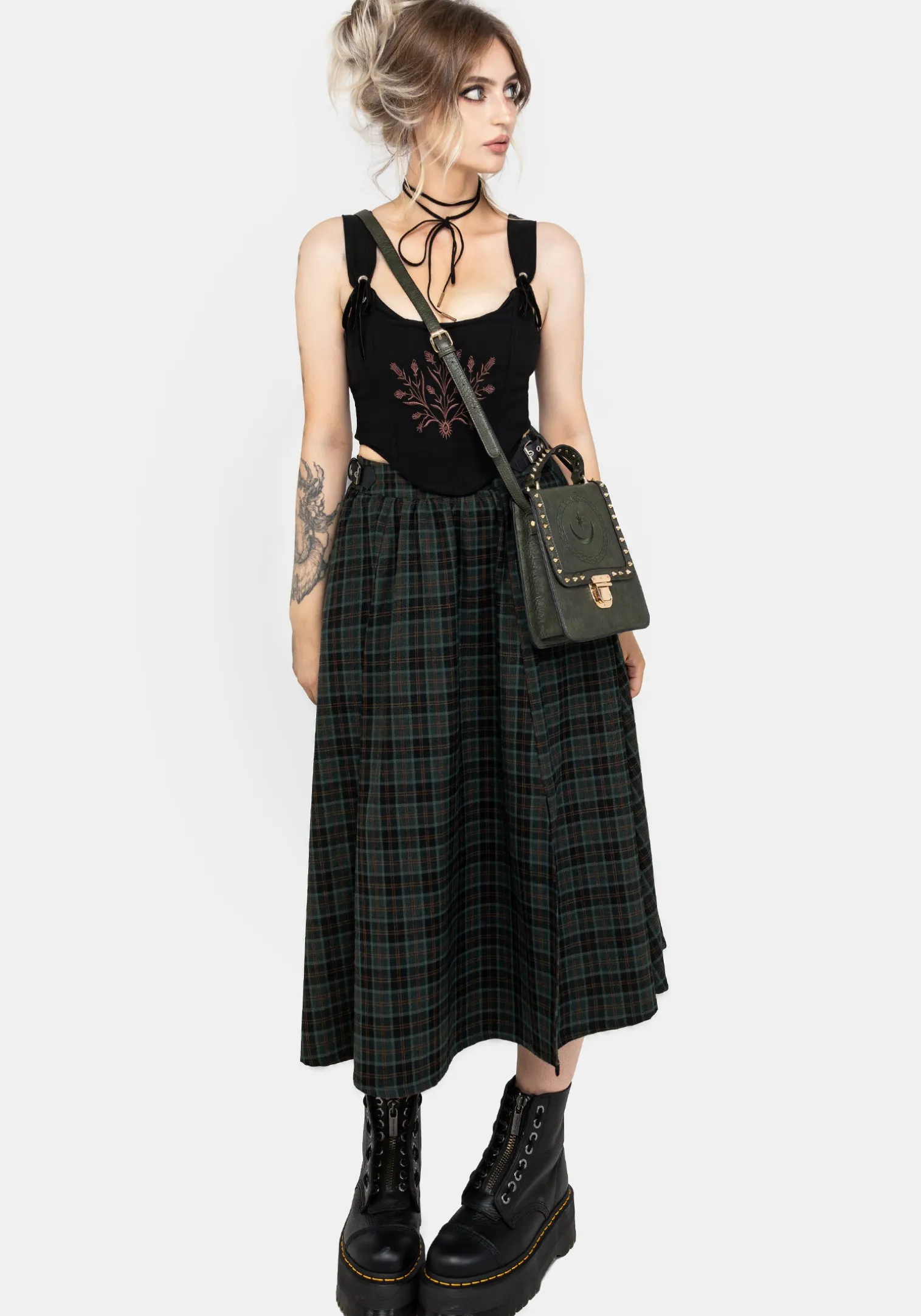Nightingale Buckled Check Midi Skirt