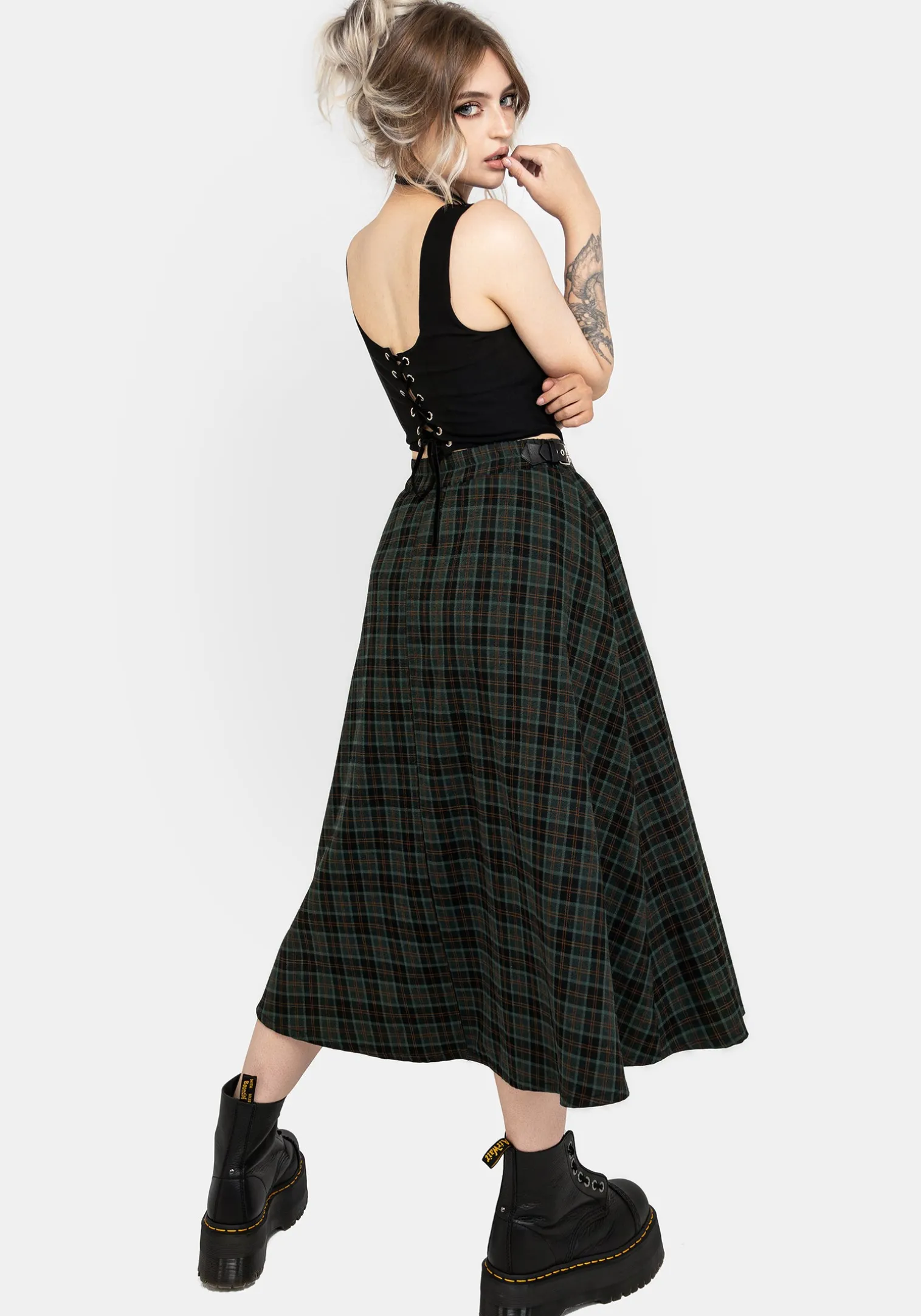 Nightingale Buckled Check Midi Skirt