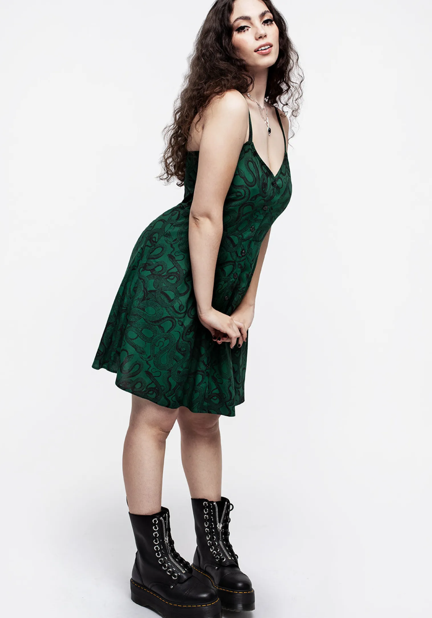 Ophidia Snake Print Button Up Mini Apron Dress - Green