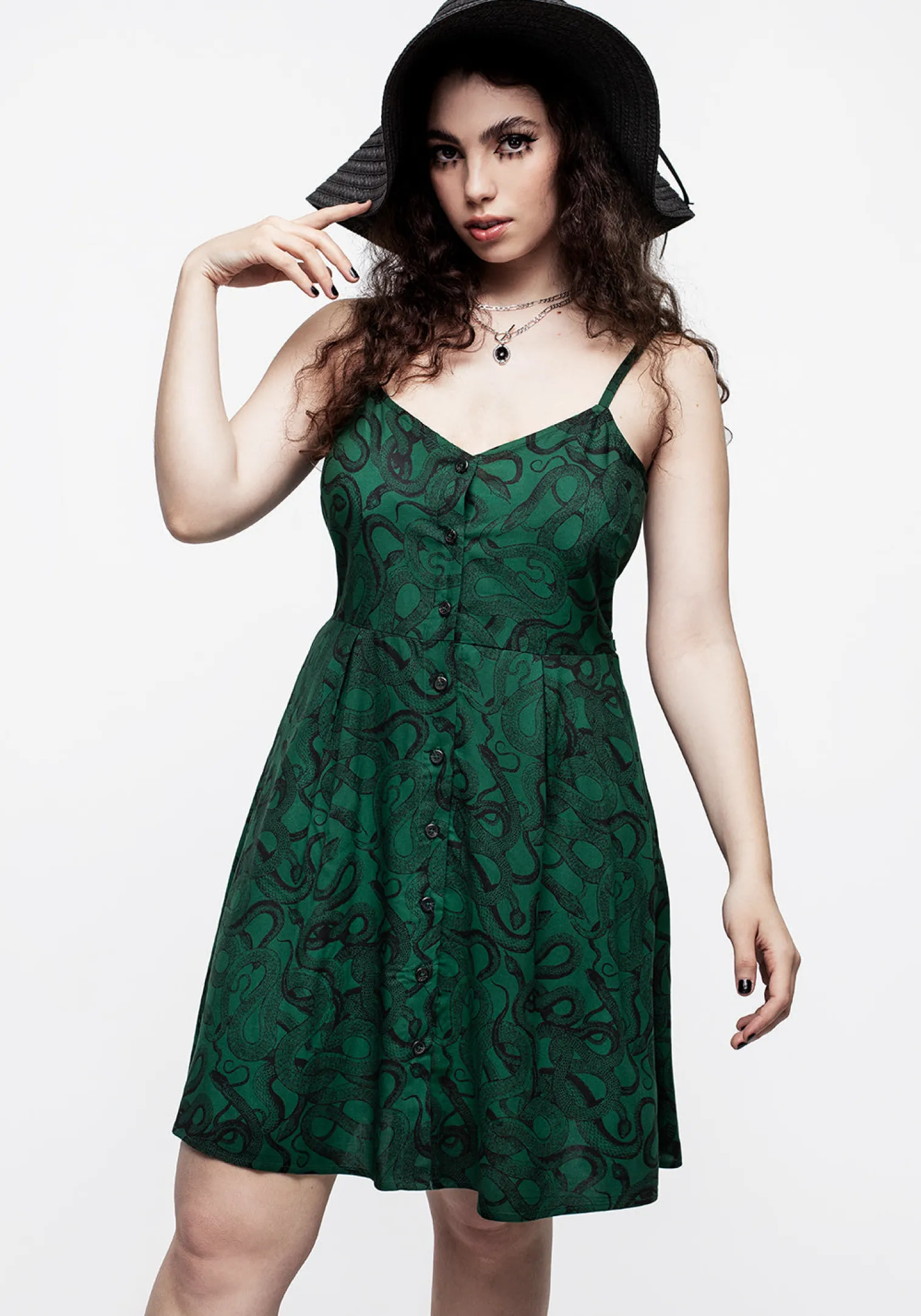 Ophidia Snake Print Button Up Mini Apron Dress - Green