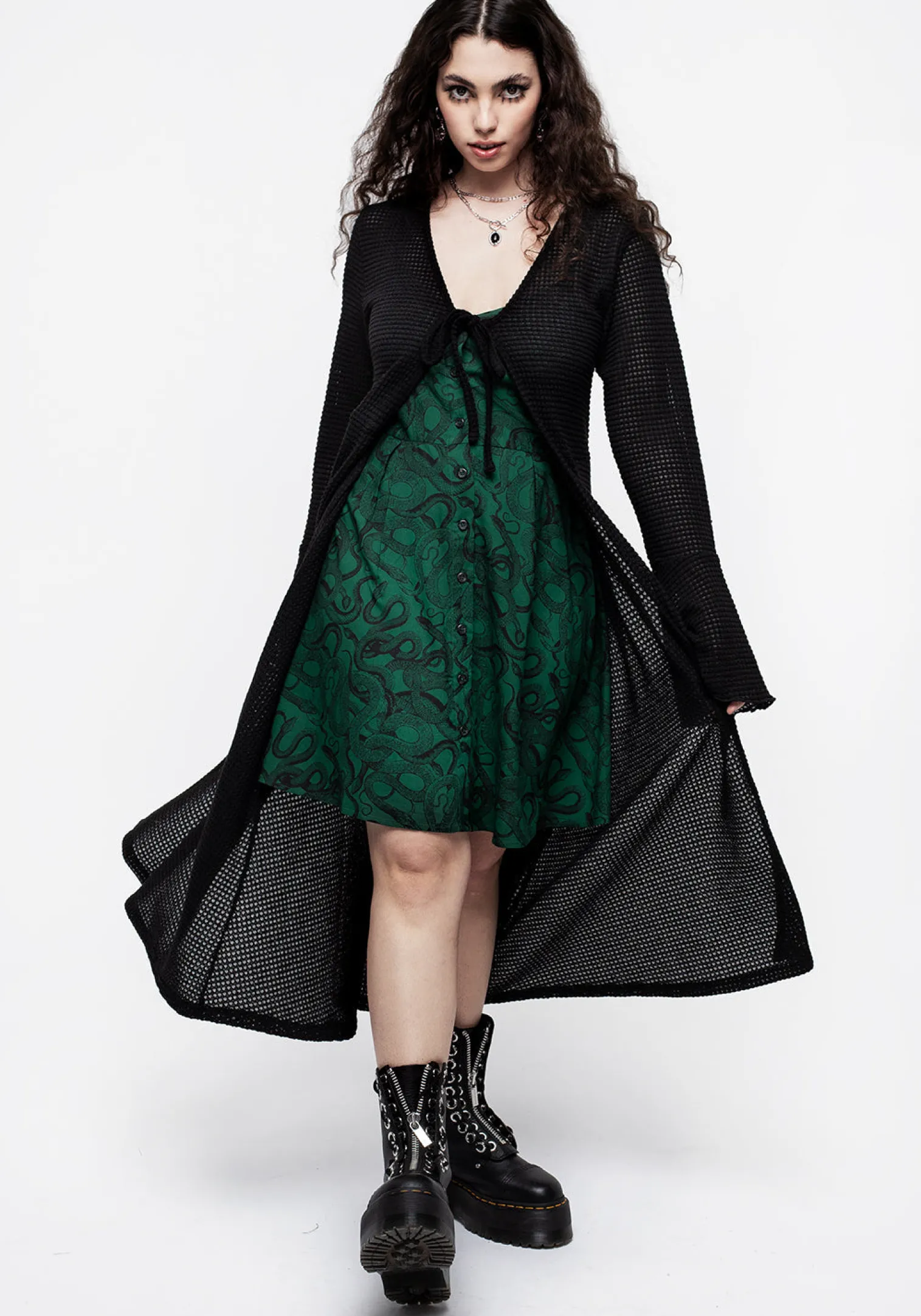 Ophidia Snake Print Button Up Mini Apron Dress - Green