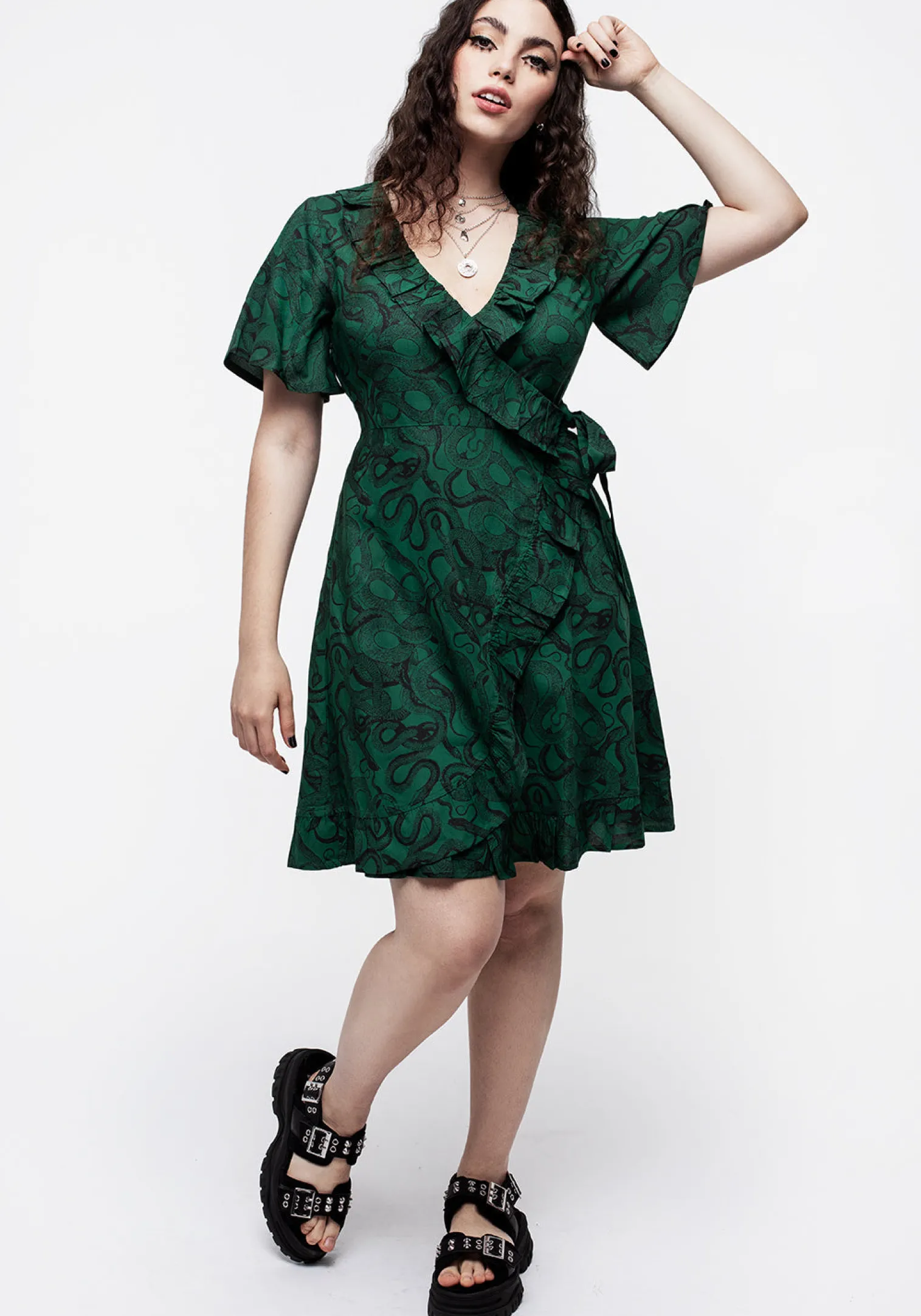 Ophidia Snake Print Ruffle Mini Dress - Green