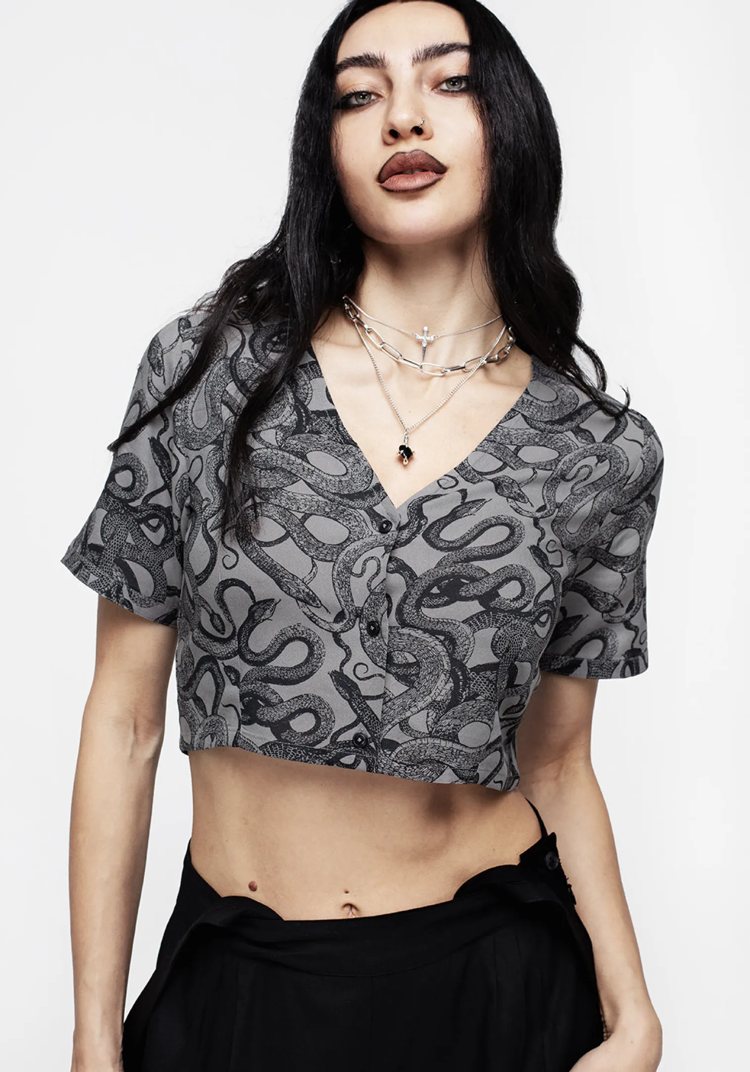 Ophidia Snakes Print Button Down Crop Top - Grey