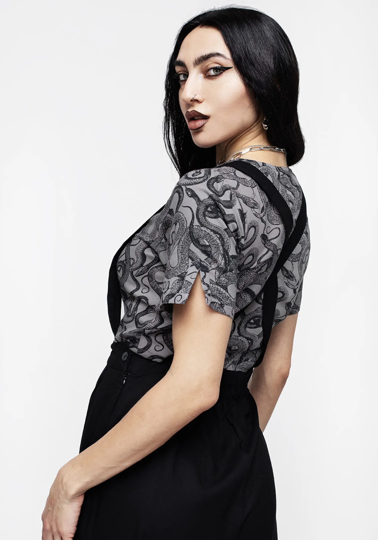 Ophidia Snakes Print Button Down Crop Top - Grey