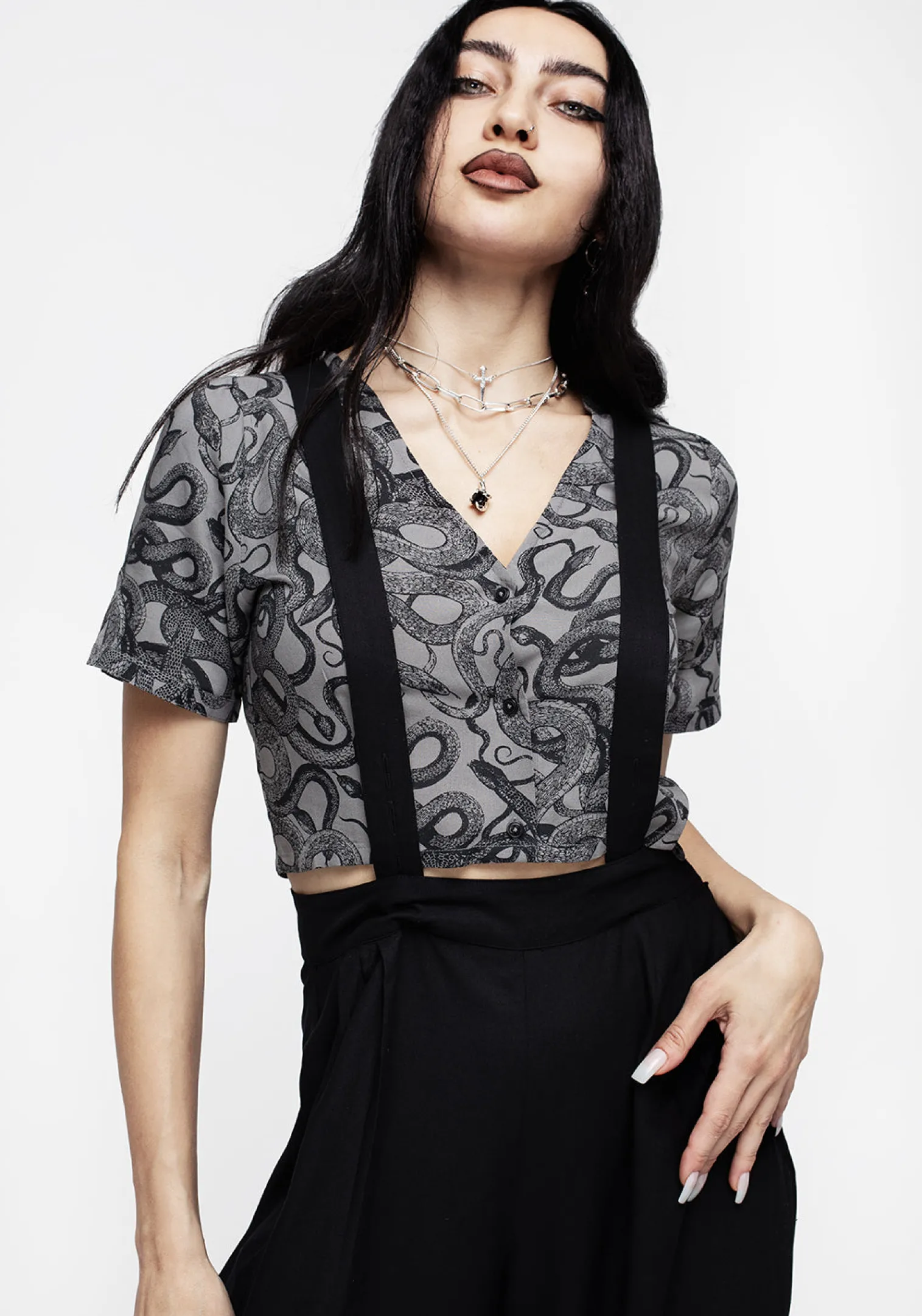 Ophidia Snakes Print Button Down Crop Top - Grey