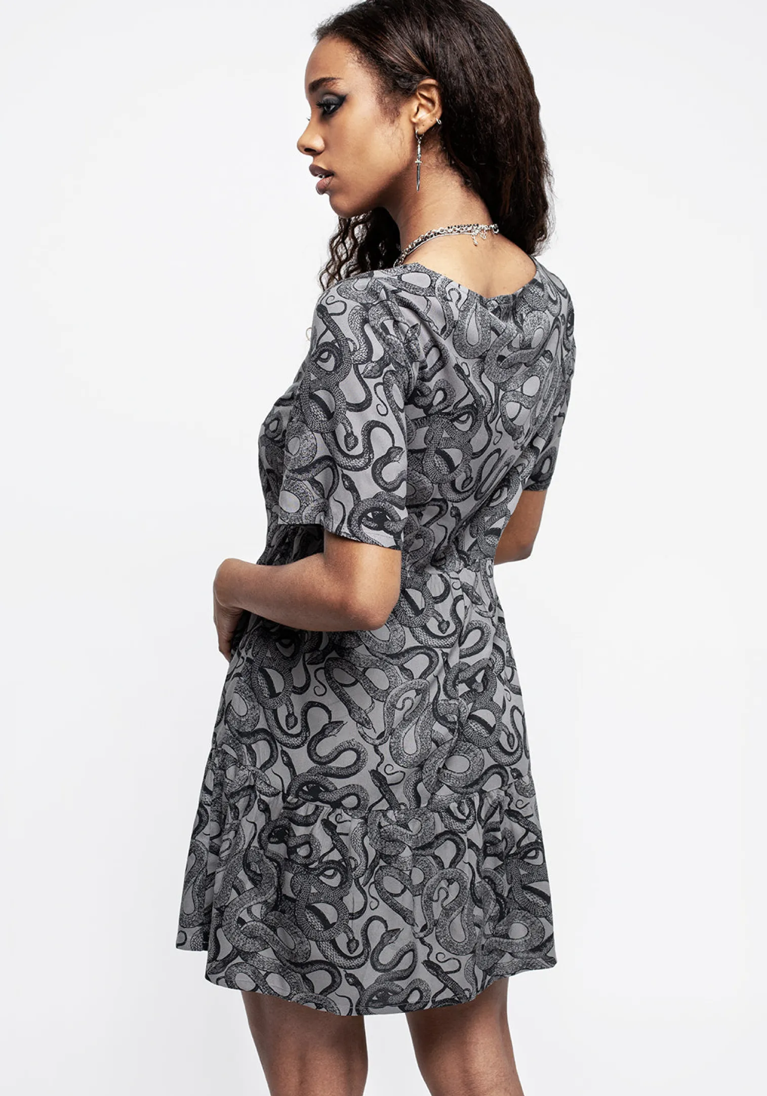 Ophidia Snakes Print Mini Smock Dress - Grey