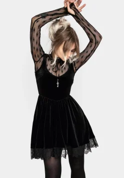 Orbweb Lace Hem Velour Mini Dress