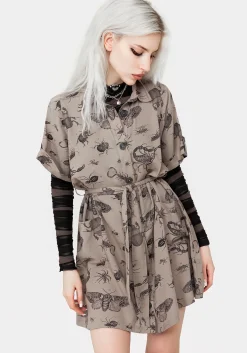 Parasite Bugs Print Mini Short Sleeve Shirt Dress - Taupe