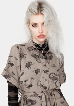 Parasite Bugs Print Mini Short Sleeve Shirt Dress - Taupe