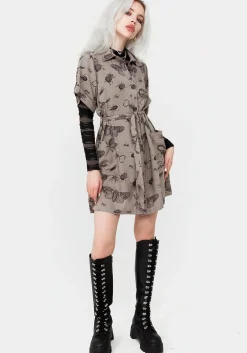 Parasite Bugs Print Mini Short Sleeve Shirt Dress - Taupe