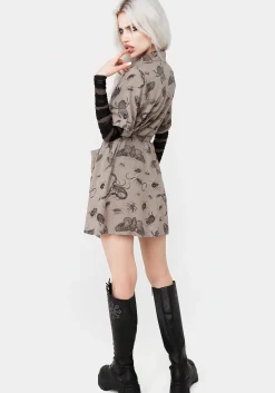 Parasite Bugs Print Mini Short Sleeve Shirt Dress - Taupe